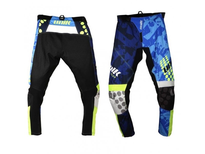 Pantaloni motociclete cross-enduro Unik Racing model MX01 culoare: albastru/verde fluor