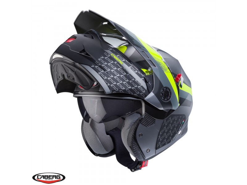 Casca modulabila (flip-up)/adventure Caberg model Tourmax X SV Sarabe L1 gun metal (titanium)/negru/galben fluor mat Pinlock ready - lentila Pinlock inclusa