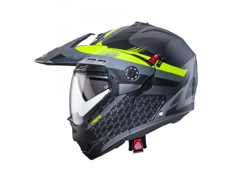 Casca modulabila (flip-up)/adventure Caberg model Tourmax X SV Sarabe L1 gun metal (titanium)/negru/galben fluor mat Pinlock ready - lentila Pinlock inclusa
