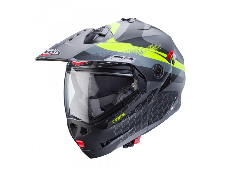 Casca modulabila (flip-up)/adventure Caberg model Tourmax X SV Sarabe L1 gun metal (titanium)/negru/galben fluor mat Pinlock ready - lentila Pinlock inclusa