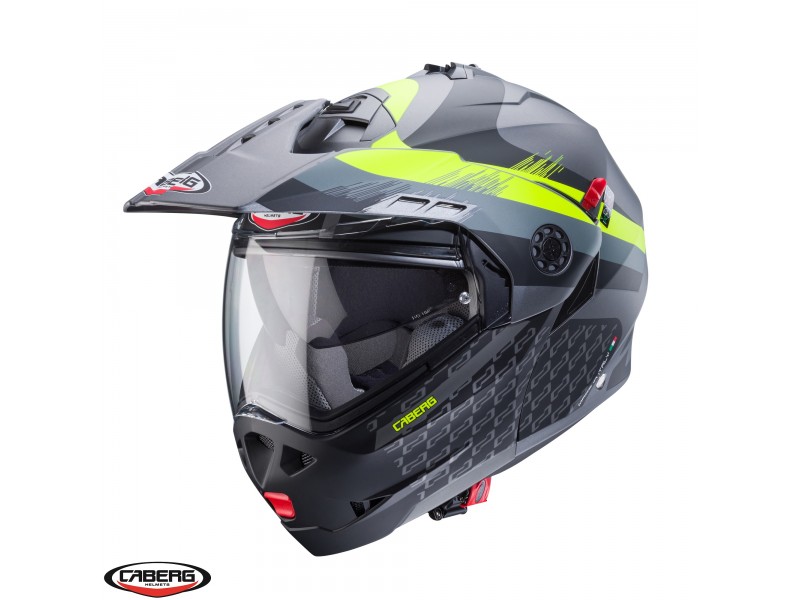 Casca modulabila (flip-up)/adventure Caberg model Tourmax X SV Sarabe L1 gun metal (titanium)/negru/galben fluor mat Pinlock ready - lentila Pinlock inclusa