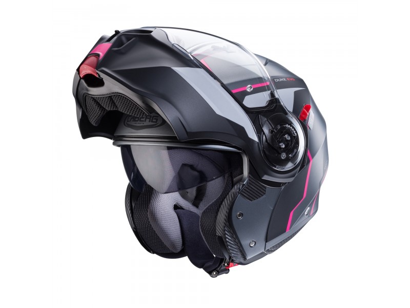 Casca modulabila (flip-up) Caberg model Duke Evo Move M1 SV gun metal (titanium)/negru/fuchsia (roz) mat Pinlock ready – lentila Pinlock inclusa