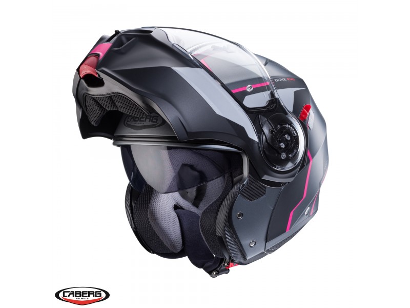 Casca modulabila (flip-up) Caberg model Duke Evo Move M1 SV gun metal (titanium)/negru/fuchsia (roz) mat Pinlock ready – lentila Pinlock inclusa Casca modulabila (flip-up) Caberg model Duke Evo Move M1 SV gun metal (titanium)/negru/fuchsia (roz) mat Pinlock ready – lentila Pinlock inclusa