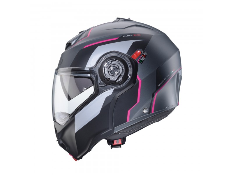Casca modulabila (flip-up) Caberg model Duke Evo Move M1 SV gun metal (titanium)/negru/fuchsia (roz) mat Pinlock ready – lentila Pinlock inclusa