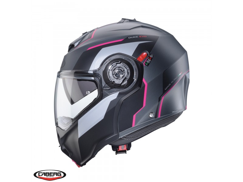 Casca modulabila (flip-up) Caberg model Duke Evo Move M1 SV gun metal (titanium)/negru/fuchsia (roz) mat Pinlock ready – lentila Pinlock inclusa Casca modulabila (flip-up) Caberg model Duke Evo Move M1 SV gun metal (titanium)/negru/fuchsia (roz) mat Pinlock ready – lentila Pinlock inclusa