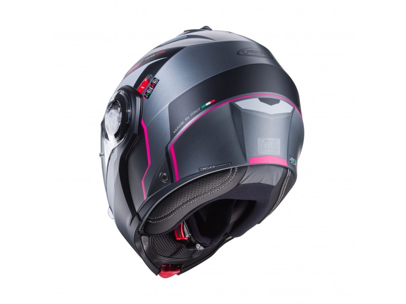 Casca modulabila (flip-up) Caberg model Duke Evo Move M1 SV gun metal (titanium)/negru/fuchsia (roz) mat Pinlock ready – lentila Pinlock inclusa