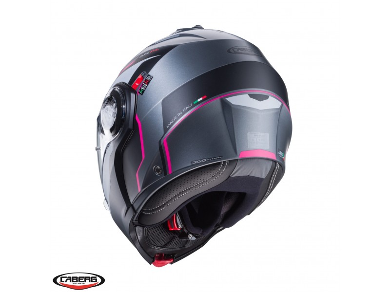 Casca modulabila (flip-up) Caberg model Duke Evo Move M1 SV gun metal (titanium)/negru/fuchsia (roz) mat Pinlock ready – lentila Pinlock inclusa Casca modulabila (flip-up) Caberg model Duke Evo Move M1 SV gun metal (titanium)/negru/fuchsia (roz) mat Pinlock ready – lentila Pinlock inclusa
