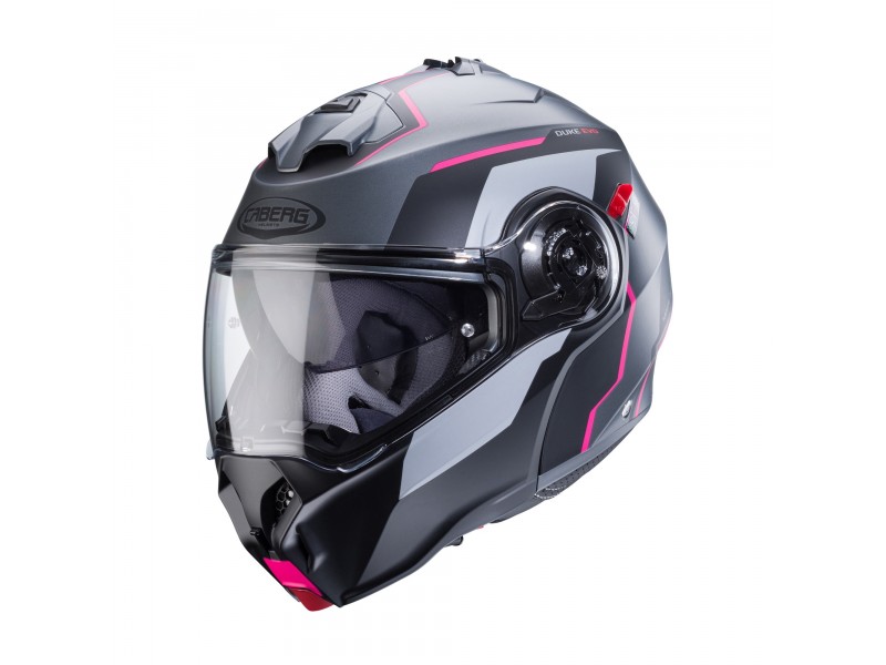 Casca modulabila (flip-up) Caberg model Duke Evo Move M1 SV gun metal (titanium)/negru/fuchsia (roz) mat Pinlock ready – lentila Pinlock inclusa