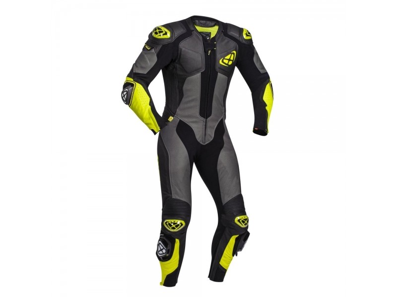 Costum (combinezon) motociclete barbati piele Ixon vara model Vendetta Evo culoare: negru/antracit/galben