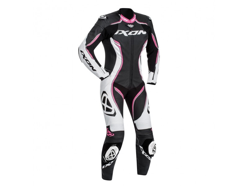 Costum (combinezon) motociclete femei piele Ixon vara model Vortex Lady LS culoare: negru/alb/fucshsia (roz)