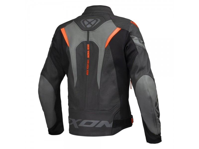 Geaca (jacheta) motociclete barbati piele Racing Ixon vara model Jackal JKT MS culoare: negru/antracit/portocaliu