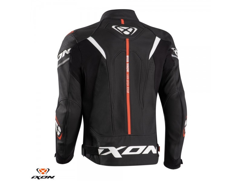 Geaca (jacheta) motociclete barbati piele Racing Ixon vara model Jackal JKT MS culoare: negru/alb/rosu