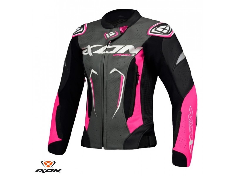 Geaca (jacheta) motociclete femei piele Racing Ixon vara model Vortex 3 MS culoare: negru/roz/alb Geaca (jacheta) motociclete femei piele Racing Ixon vara model Vortex 3 MS culoare: negru/roz/alb