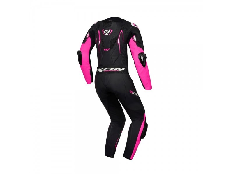 Costum (combinezon) motociclete femei piele Ixon vara model Vortex 3 LS culoare: negru/roz/alb