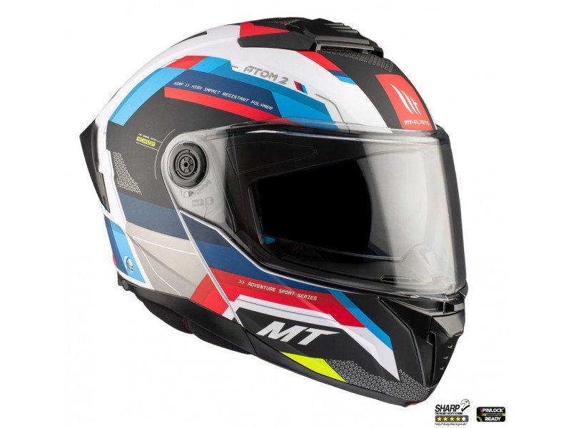 Casca modulabila MT Atom 2 SV Bast A0 alb/rosu/albastru lucios (ochelari soare integrati) Pinlock Ready - tip viziera: MT-V-35