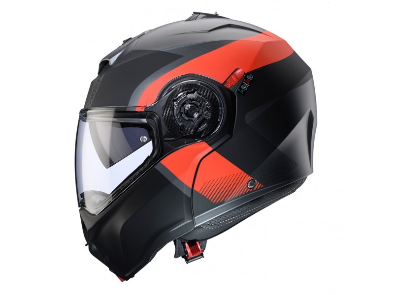 Casca modulabila (flip-up) Caberg model Duke Evo SV Indy L2 gun metal (titanium)/rosu fluor/negru mat Pinlock ready - lentila Pinlock inclusa