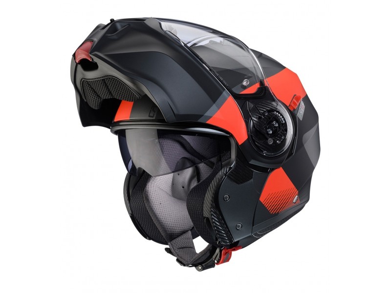 Casca modulabila (flip-up) Caberg model Duke Evo SV Indy L2 gun metal (titanium)/rosu fluor/negru mat Pinlock ready - lentila Pinlock inclusa