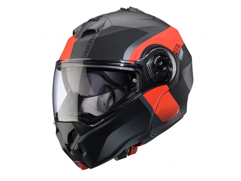 Casca modulabila (flip-up) Caberg model Duke Evo SV Indy L2 gun metal (titanium)/rosu fluor/negru mat Pinlock ready - lentila Pinlock inclusa