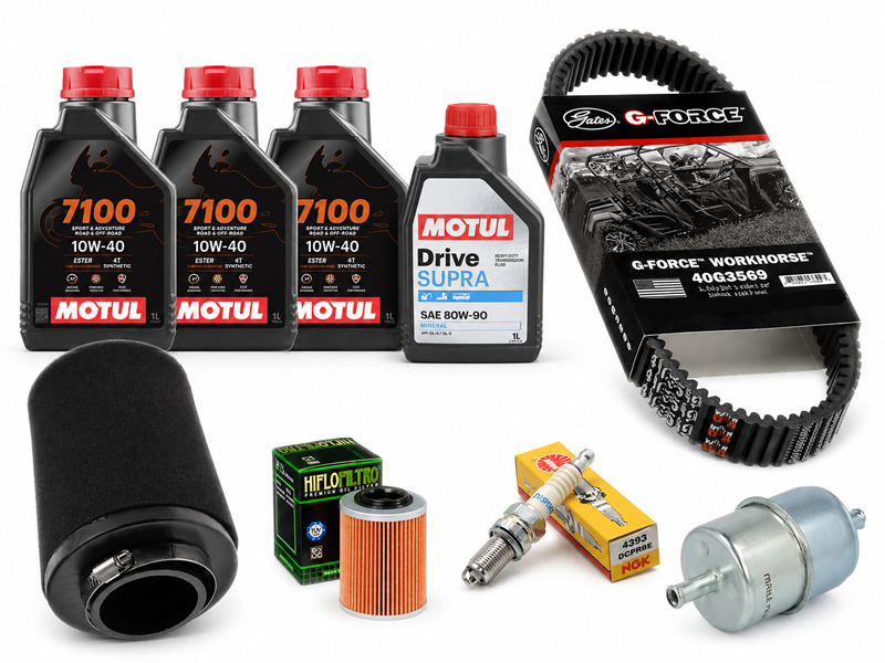 Pachet complet revizie ATV CFMOTO 400/450/500/520/550/600/625 (ulei motor Motul + grupuri, filtru aer, filtru benzina, bujie, curea)