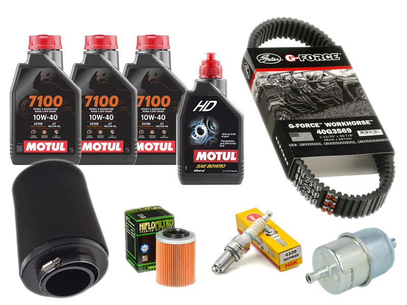 Pachet complet revizie ATV CFMOTO 400/450/500/520/550/600/625 (ulei motor Motul + grupuri, filtru aer, filtru benzina, bujie, curea)