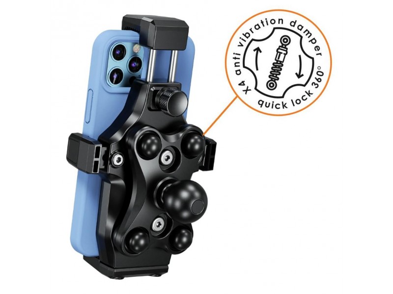 Suport telefon eXtremestyle model R18 cu mecanism antivibratii - montaj pe ghidon - latime reglabila 64-88 mm Suport telefon eXtremestyle model R18 cu mecanism antivibratii - montaj pe ghidon - latime reglabila 64-88 mm