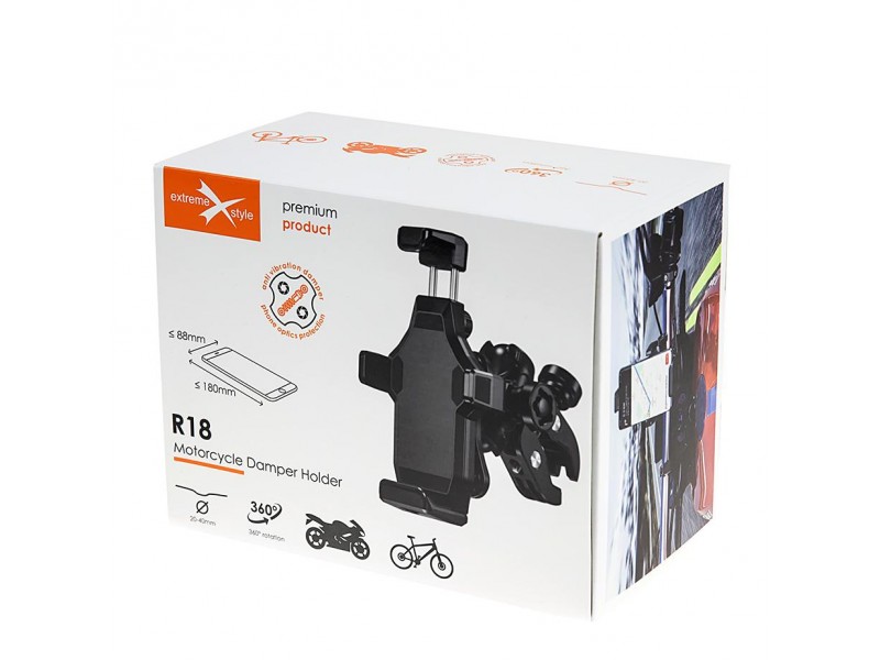 Suport telefon eXtremestyle model R18 cu mecanism antivibratii - montaj pe ghidon - latime reglabila 64-88 mm Suport telefon eXtremestyle model R18 cu mecanism antivibratii - montaj pe ghidon - latime reglabila 64-88 mm