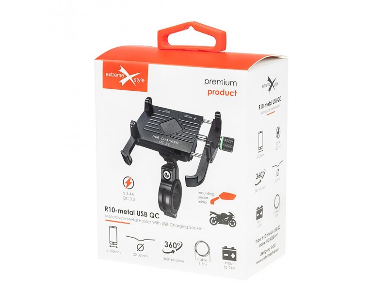 Suport telefon eXtremestyle model R10 cu port USB incarcare - montaj pe ghidon - latime reglabila 60-100 mm Suport telefon eXtremestyle model R10 cu port USB incarcare - montaj pe ghidon - latime reglabila 60-100 mm