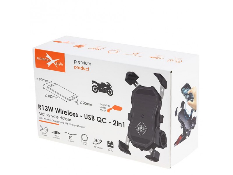 Suport telefon eXtremestyle model R13W cu incarcare wireless si mufa usb - montaj pe ghidon - latime reglabila 70-90 mm Suport telefon eXtremestyle model R13W cu incarcare wireless si mufa usb - montaj pe ghidon - latime reglabila 70-90 mm