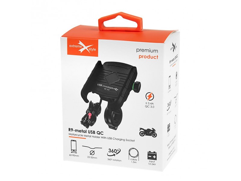 Suport telefon eXtremestyle model R9 cu port USB incarcare - montaj pe ghidon - latime reglabila 62-90 mm Suport telefon eXtremestyle model R9 cu port USB incarcare - montaj pe ghidon - latime reglabila 62-90 mm