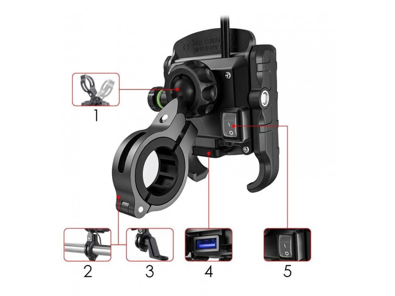 Suport telefon eXtremestyle model R9 cu port USB incarcare - montaj pe ghidon - latime reglabila 62-90 mm Suport telefon eXtremestyle model R9 cu port USB incarcare - montaj pe ghidon - latime reglabila 62-90 mm