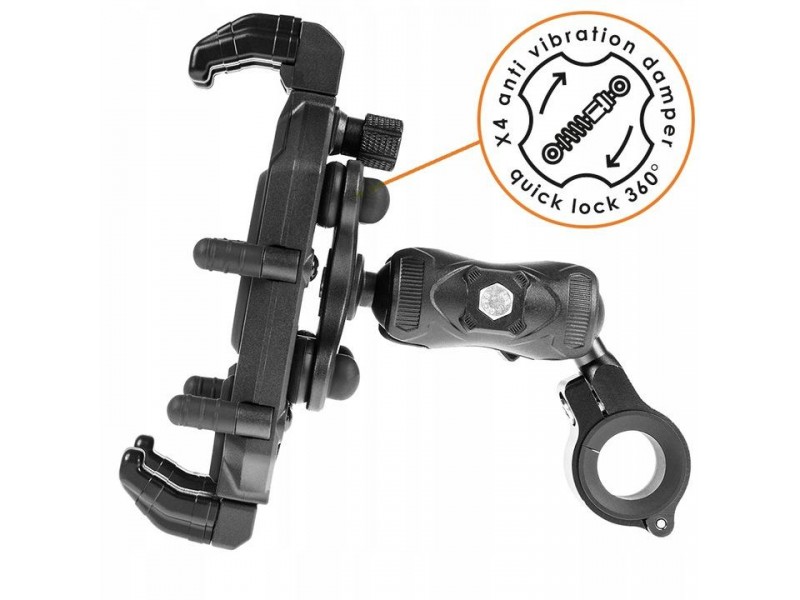 Suport telefon eXtremestyle model R19 cu mecanism antivibratii - montaj pe ghidon - latime reglabila 64-90 mm Suport telefon eXtremestyle model R19 cu mecanism antivibratii - montaj pe ghidon - latime reglabila 64-90 mm