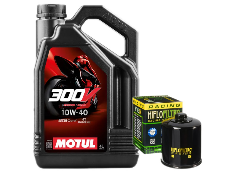 Pachet revizie ulei motor Motul 300V 10w40 - 4L + filtru ulei Hiflofiltro Performance