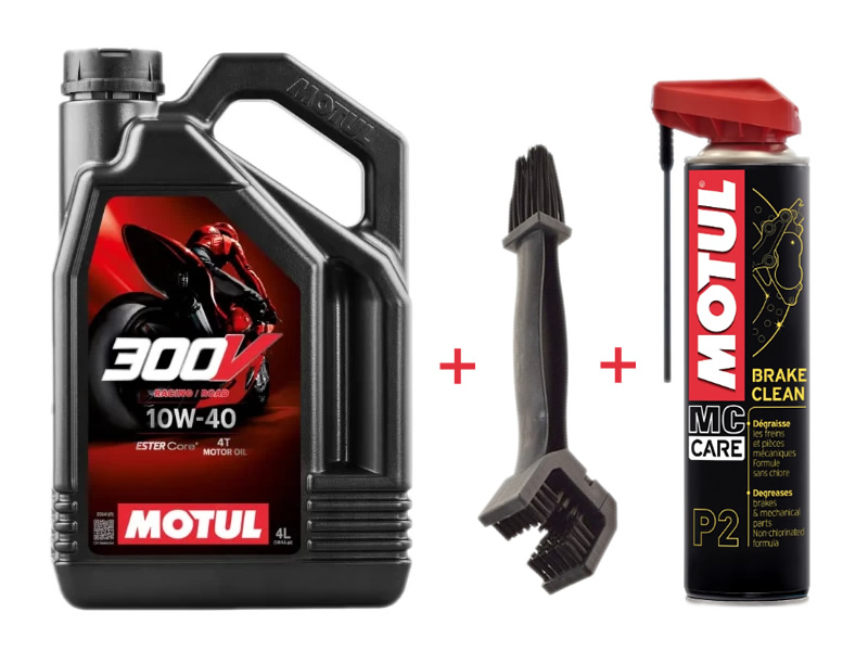 PACHET ULEI MOTOR MOTUL 300V 10W40 - 4L + PERIE CURATAT LANT + SPRAY DE FRANE PACHET ULEI MOTOR MOTUL 300V 10W40 - 4L + PERIE CURATAT LANT + SPRAY DE FRANE