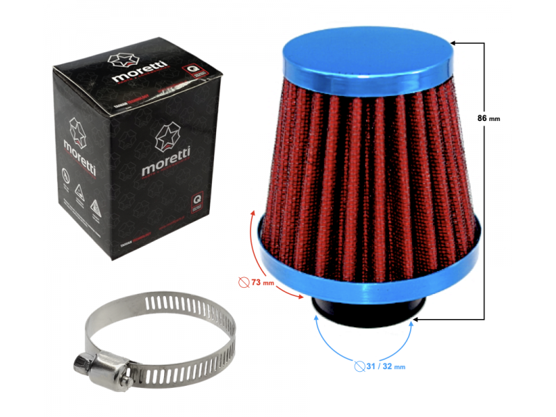 Cone air filter, blue-red, diameter 31 mm