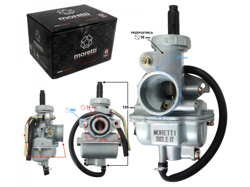 Carburetor Moretti PZ16, 80cc 4T, t.16mm, suction lever