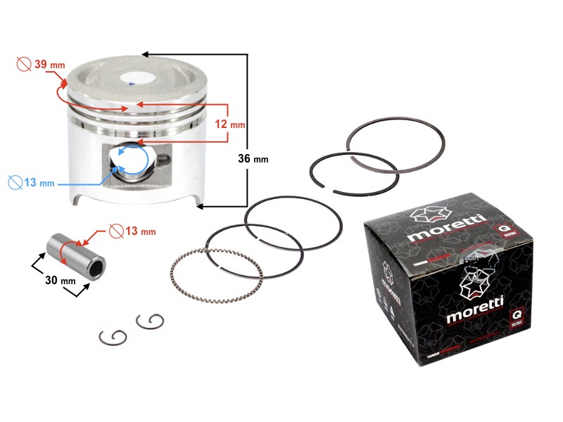 Moretti 50cc piston 4T moped, diameter 39, pin diameter 13, height 17,2, set