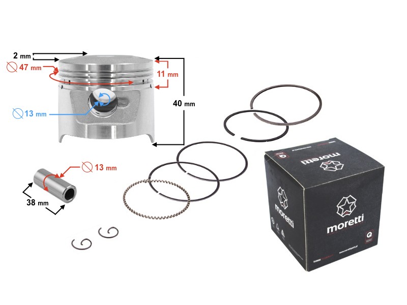 Moretti 80cc piston 4T moped, diameter 47, pin diameter 13, height 17,5, h:2, set