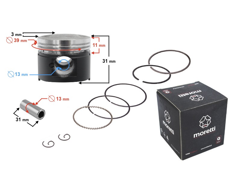 Moretti 50cc piston 4T scooter, graphite, diameter 39, pin diameter 13, height 17,2, set