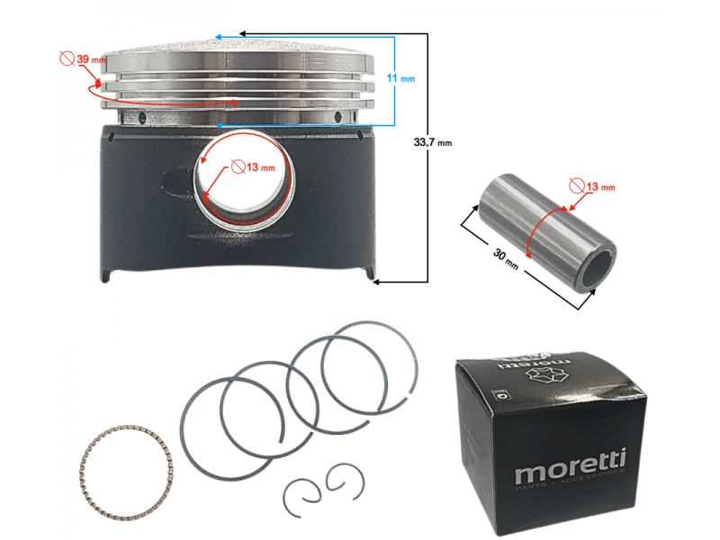 Moretti 50cc piston 4T scooter, graphite, diameter 39, pin diameter 13, height 17,2, set