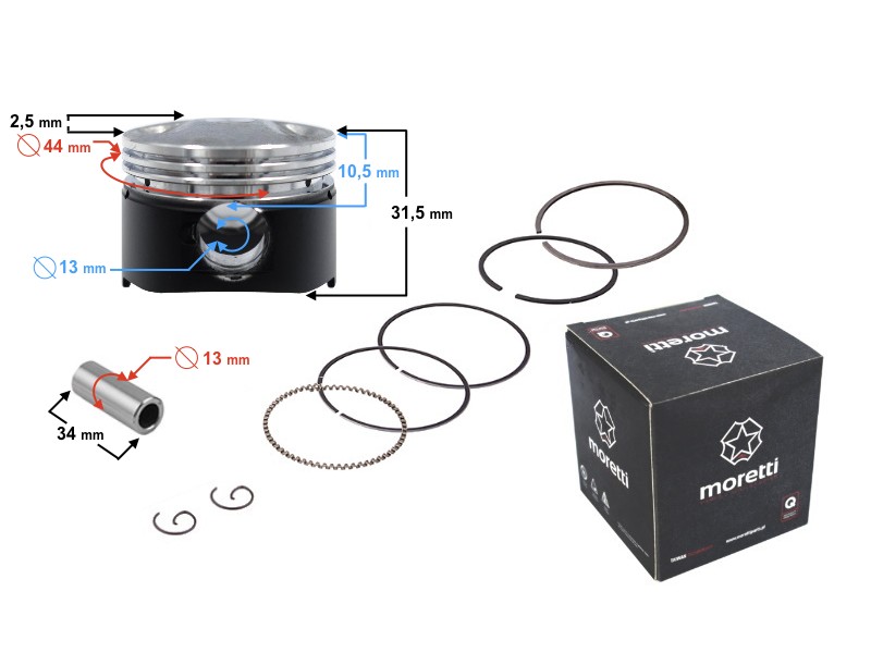 Moretti 60cc piston 4T scooter, graphite, diameter 44, pin diameter 13, height 17,2, set