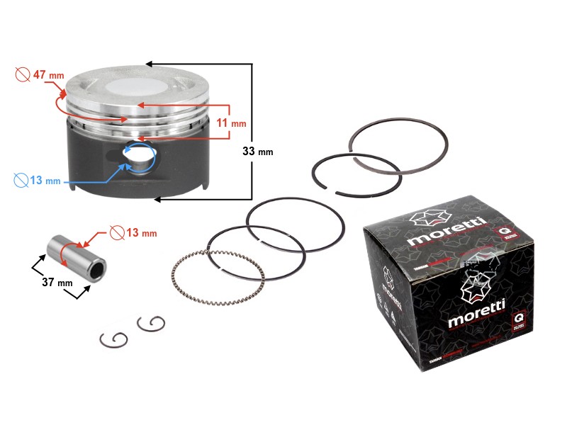 Moretti 80cc piston 4T scooter, graphite, diameter 47, pin diameter 13, height 17,5, set