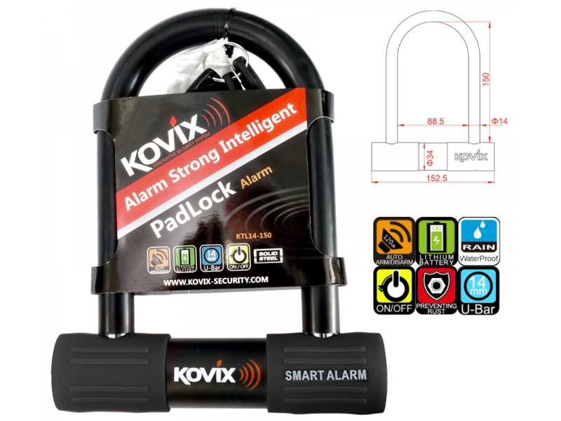Black U-Lock padlock with alarm KOVIX KTL14-150