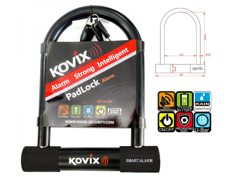 Black U-lock padlock with alarm KOViX KTL16-210