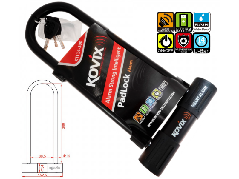 Black U-Lock padlock with alarm KOVIX KTL14-300
