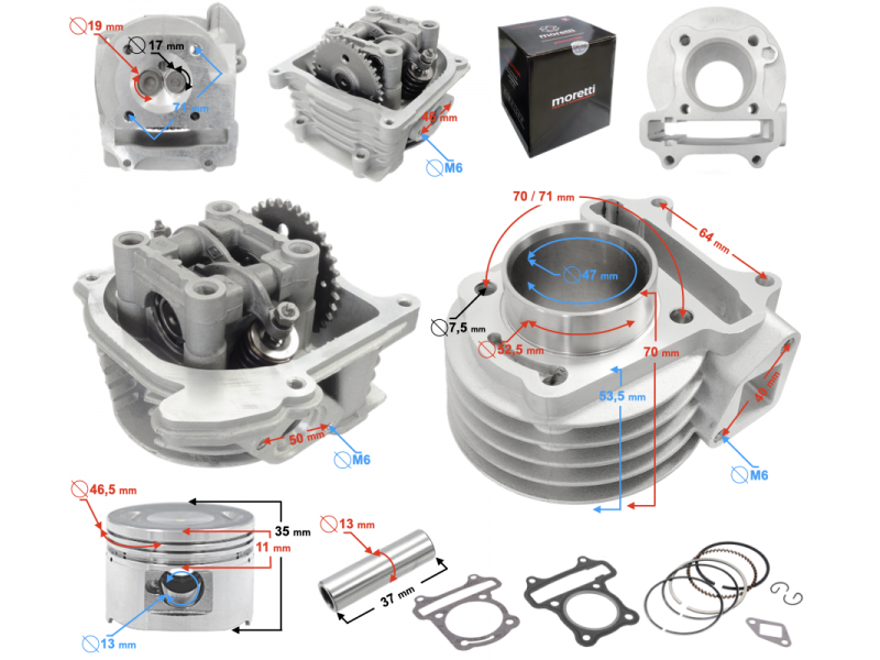 Cylinder and cylinder head Moretti for 4T scooter 80cc 139QMB short valves