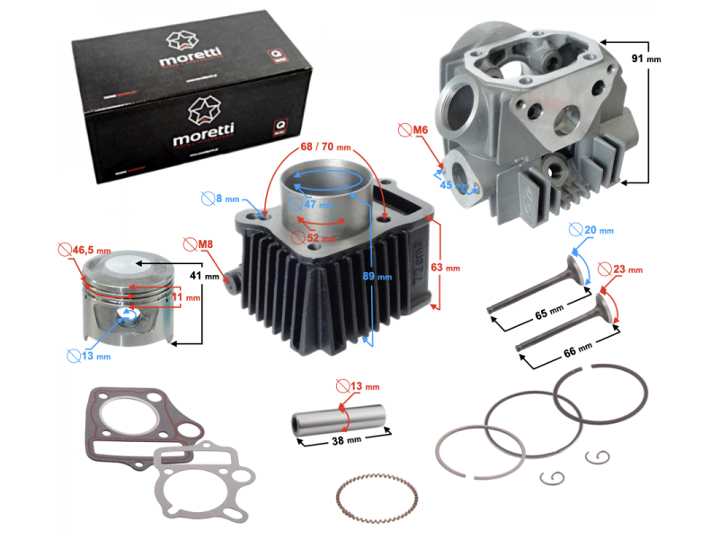 Moretti Cylinder and Cylinder head 70cc for moped Fighter 1 with horizontal engine (without camshaft)