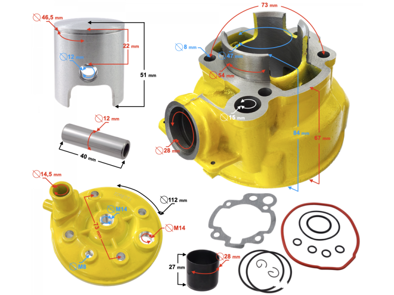 Moretti Cylinder and cylinder head for moped 2T 80cc AM6, yellow