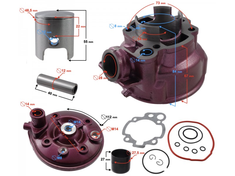 Moretti Cylinder and cylinder head for moped 2T 90cc AM6, violet