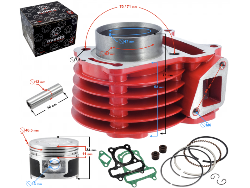 Moretti 80cc cylinder for Huragan 5 scooter with horizontal engine / red Moretti 80cc cylinder for Huragan 5 scooter with horizontal engine / red