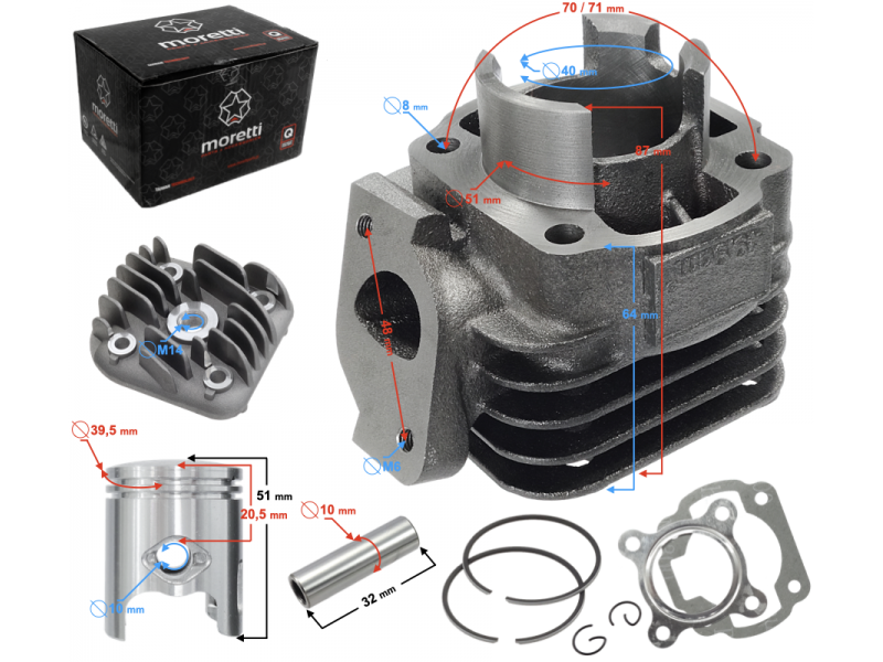 Cylinder and cylinder head for scooter 2T 50cc 1PE40QMB, bolt 10mm